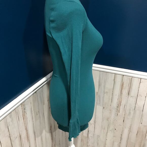 ASOS Teal Ribbed Bell Sleeve Body con Mini Dress - Picture 5 of 7